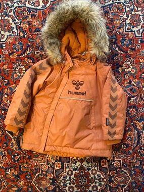 Hummel Kids Orange Puffer Jacket with Faux Fur Hood